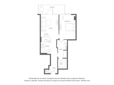 Floor plan for 1 bed, 1 bath, 750 sqft